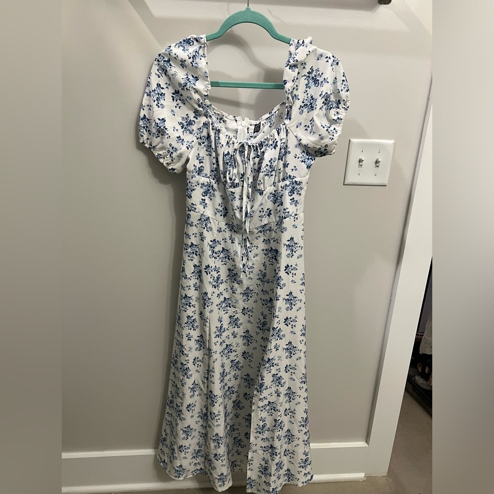 Blue and white flower cottage core dress